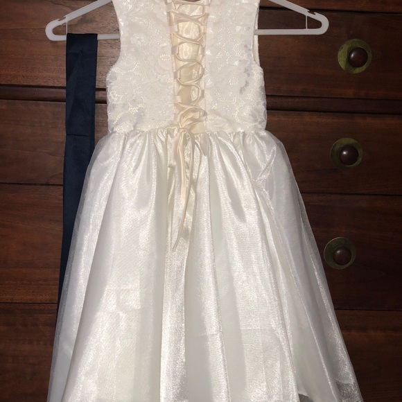Ivory flower girl dress with navy sash - Picture 3 of 3